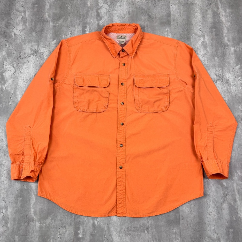 LL Bean  Fishing Shirt Mens Large Orange Vented Long Sleeve Outdoors Vintage
